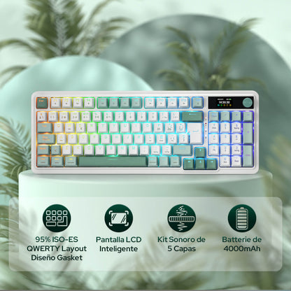 Teclado inalámbrico para juegos Redragon K719 PRO de 95 teclas con junta de goma, pantalla TFT y mando giratorio | Pantalla LED de información de fácil control, modo triple sin retardo, amortiguación de ruido de 5 capas para un sonido suave y contundente, 95 teclas prácticas, distribución QWERTY