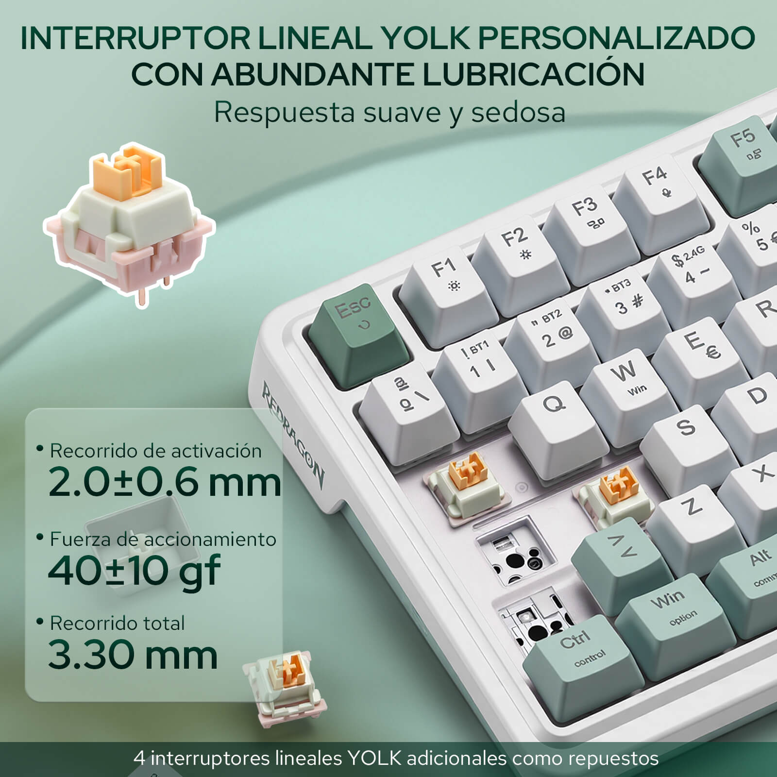Promotional graphic for a customized mechanical keyboard featuring Yolk linear switches. The image shows a close-up of a white and mint green keyboard with several switches removed to display the switch internals, alongside two floating illustrations of the Yolk switch.