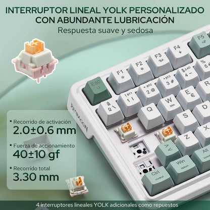 Promotional graphic for a customized mechanical keyboard featuring Yolk linear switches. The image shows a close-up of a white and mint green keyboard with several switches removed to display the switch internals, alongside two floating illustrations of the Yolk switch.