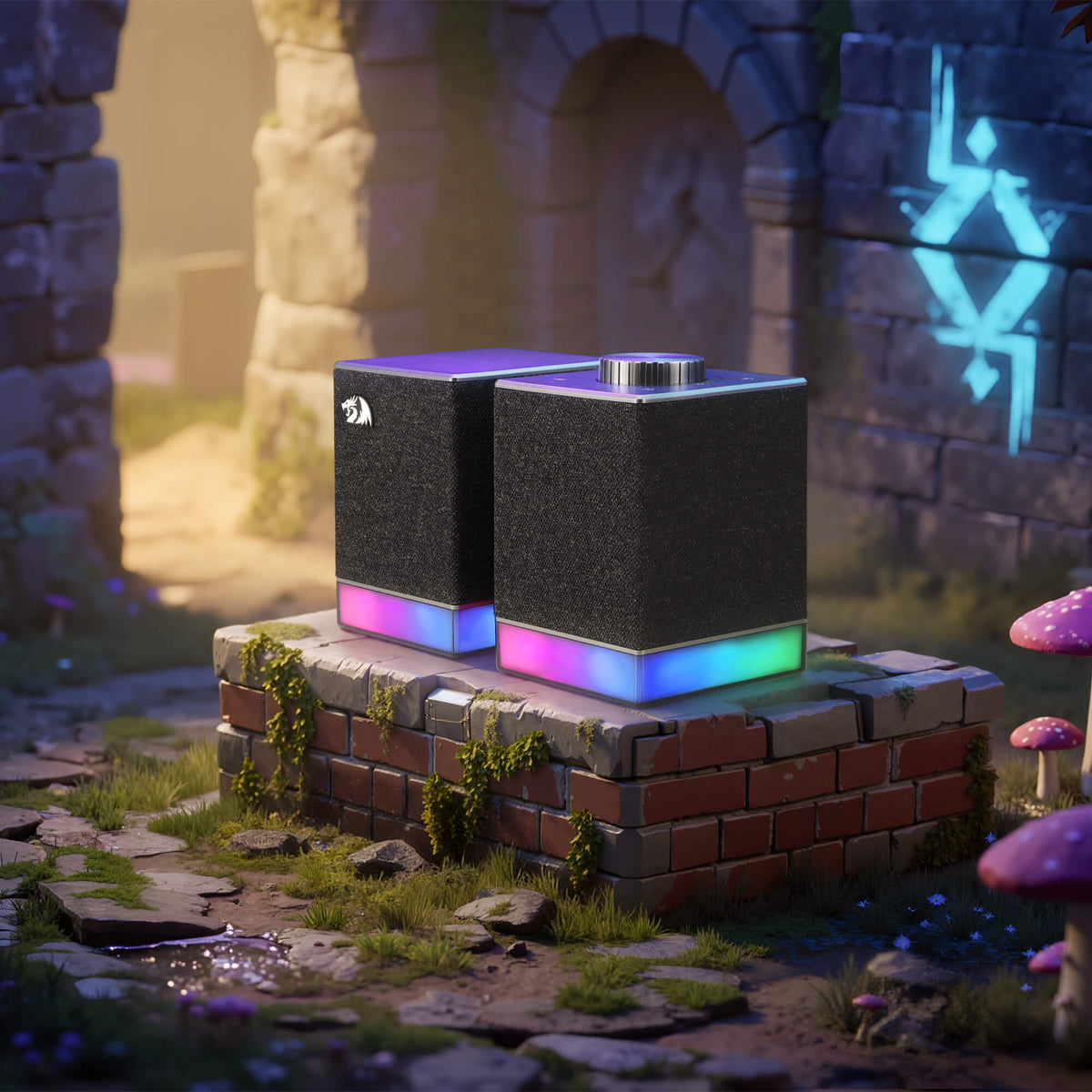Two Redragon EU black square speakers with colorful lighting on a stone platform in a fantasy setting.