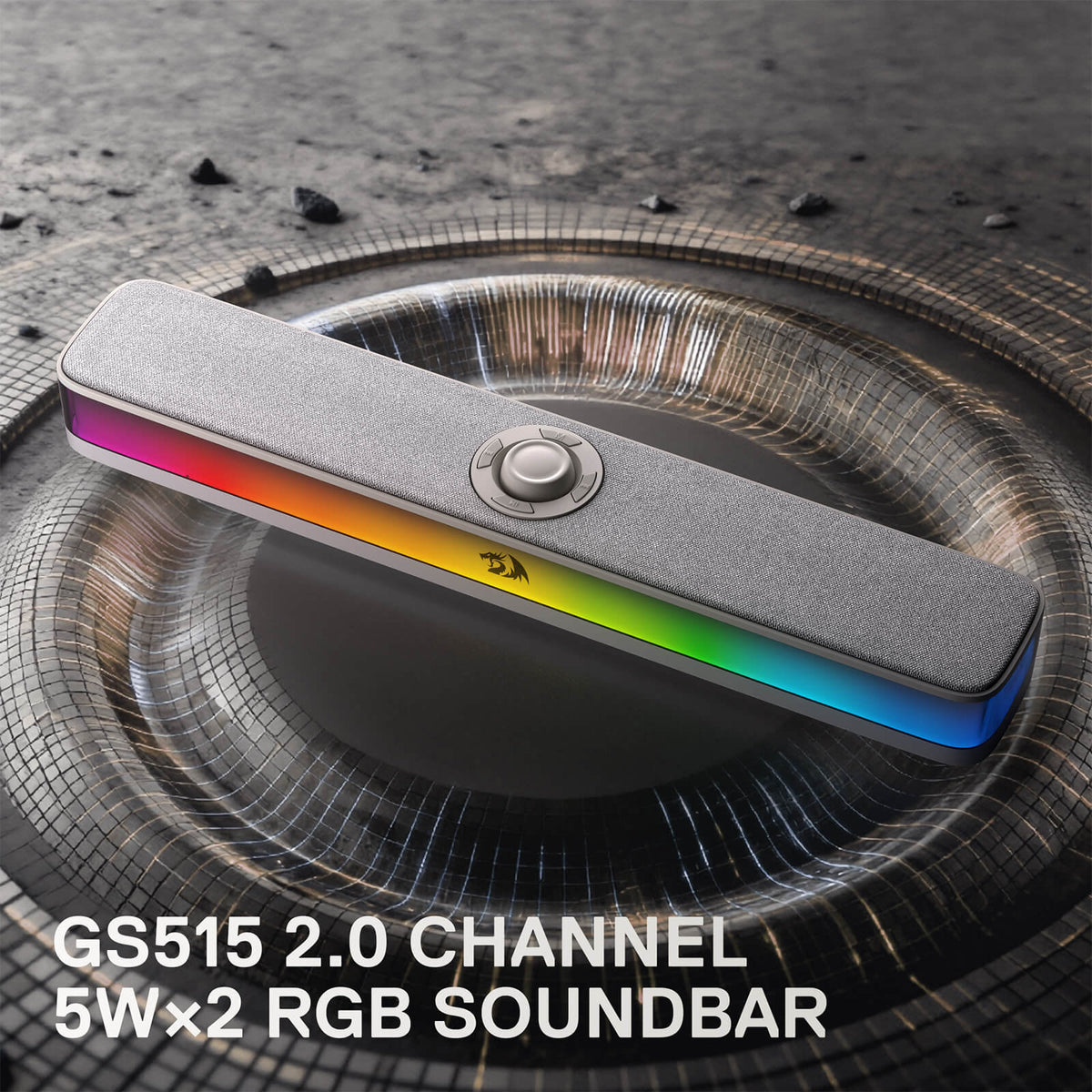 2.0 channel RGB soundbar with colorful LED lights on a dark background