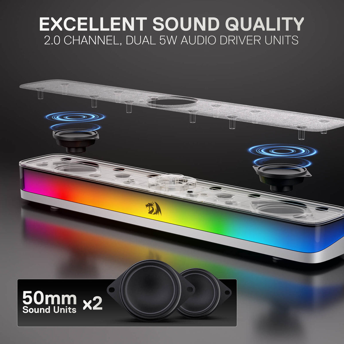 Audio driver units with RGB lighting on a dark background, highlighting excellent sound quality.