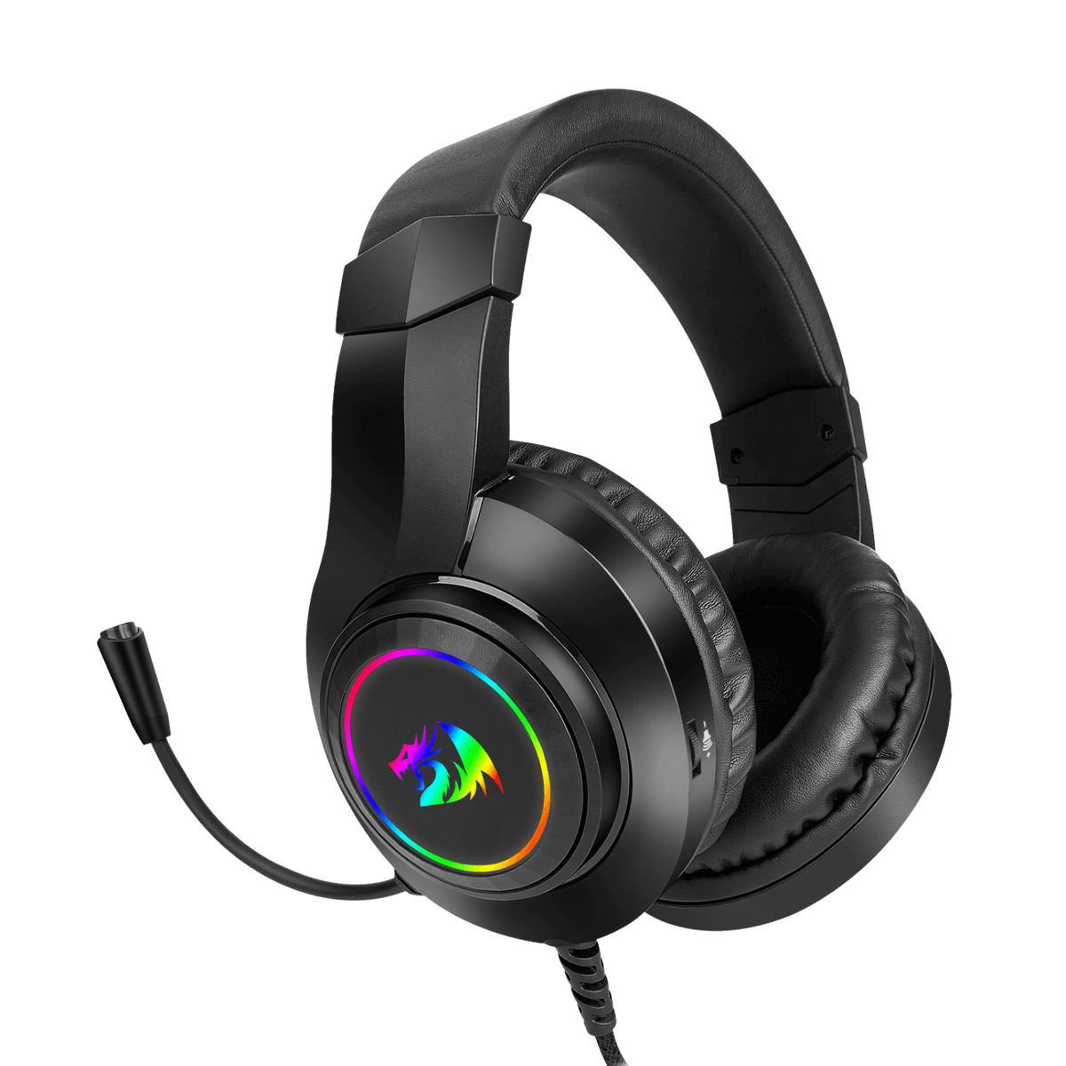 Redragon EU Black gaming headset with RGB lighting on a black background