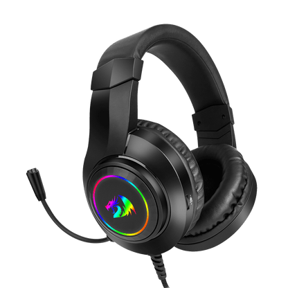 Redragon EU Black gaming headset with RGB lighting on a black background