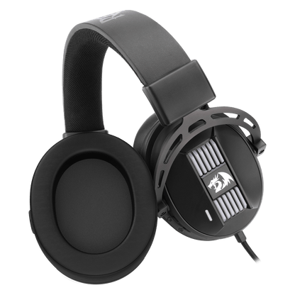 Black gaming headset with a Redragon EU logo on a transparent background