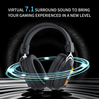 Gaming headset with virtual 7.1 surround sound feature on a dark background