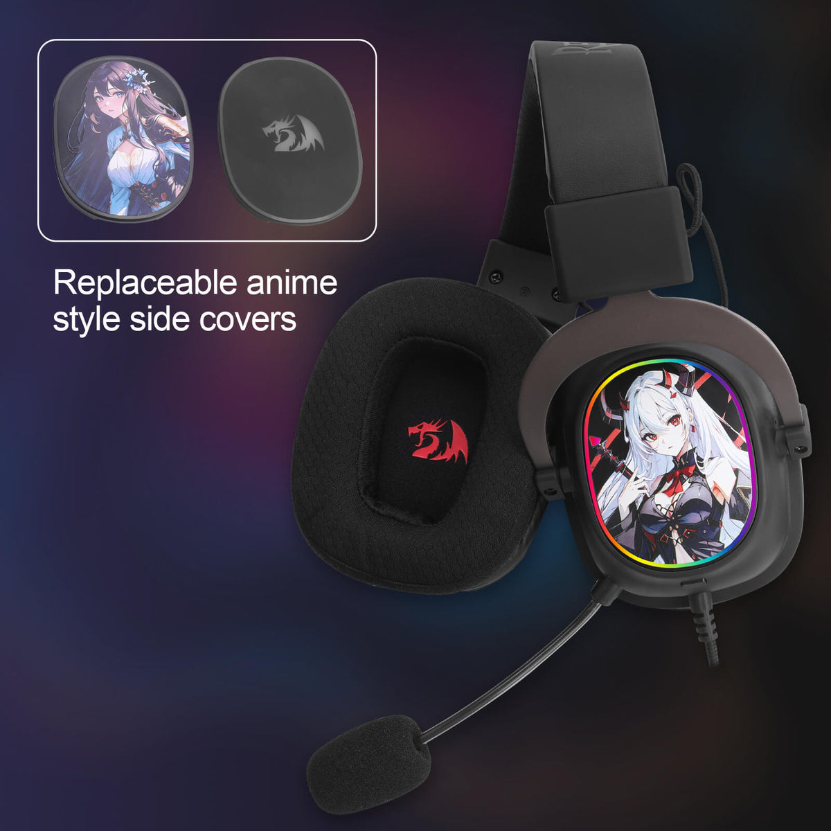 Redragon EU Headphones with anime-style side covers on a dark background