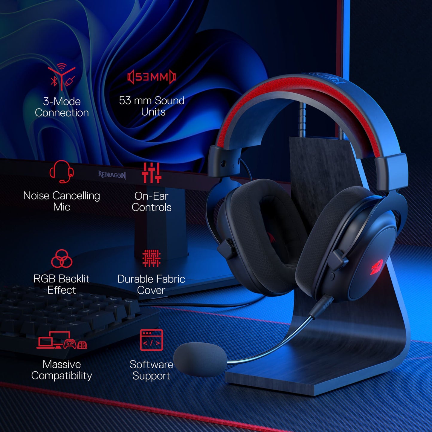 Redragon EU H510 PRO 3-Mode RGB Gaming Headset - 7.1 Surround Sound - 53MM Audio Drivers in Memory Foam Ear Pads w/Durable Fabric Cover- Multi Platforms Headphone - USB Powered for PC/PS4/NS