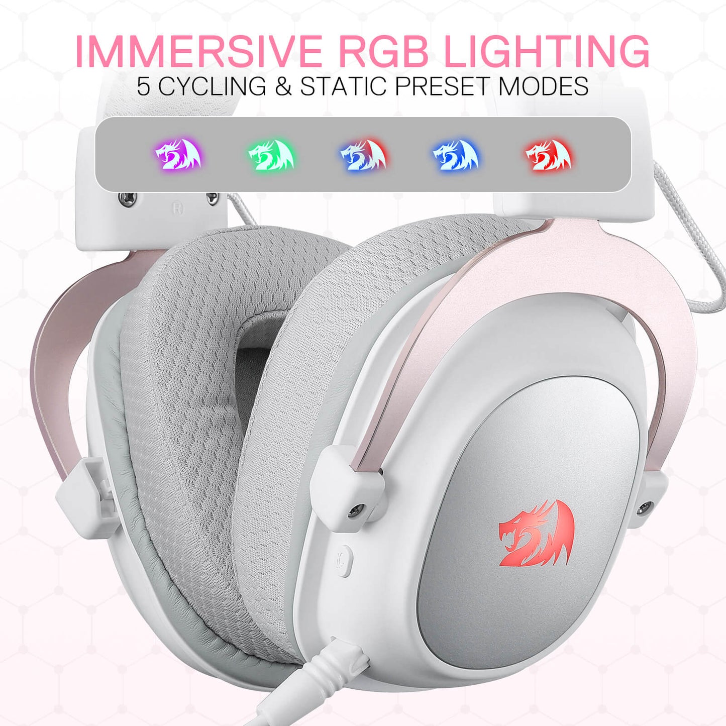 Redragon EU H510 PRO White 3-Mode RGB Gaming Headset - 7.1 Surround Sound - 53MM Audio Drivers in Memory Foam Ear Pads w/Durable Fabric Cover- Multi Platforms Headphone - USB Powered for PC/PS4/NS