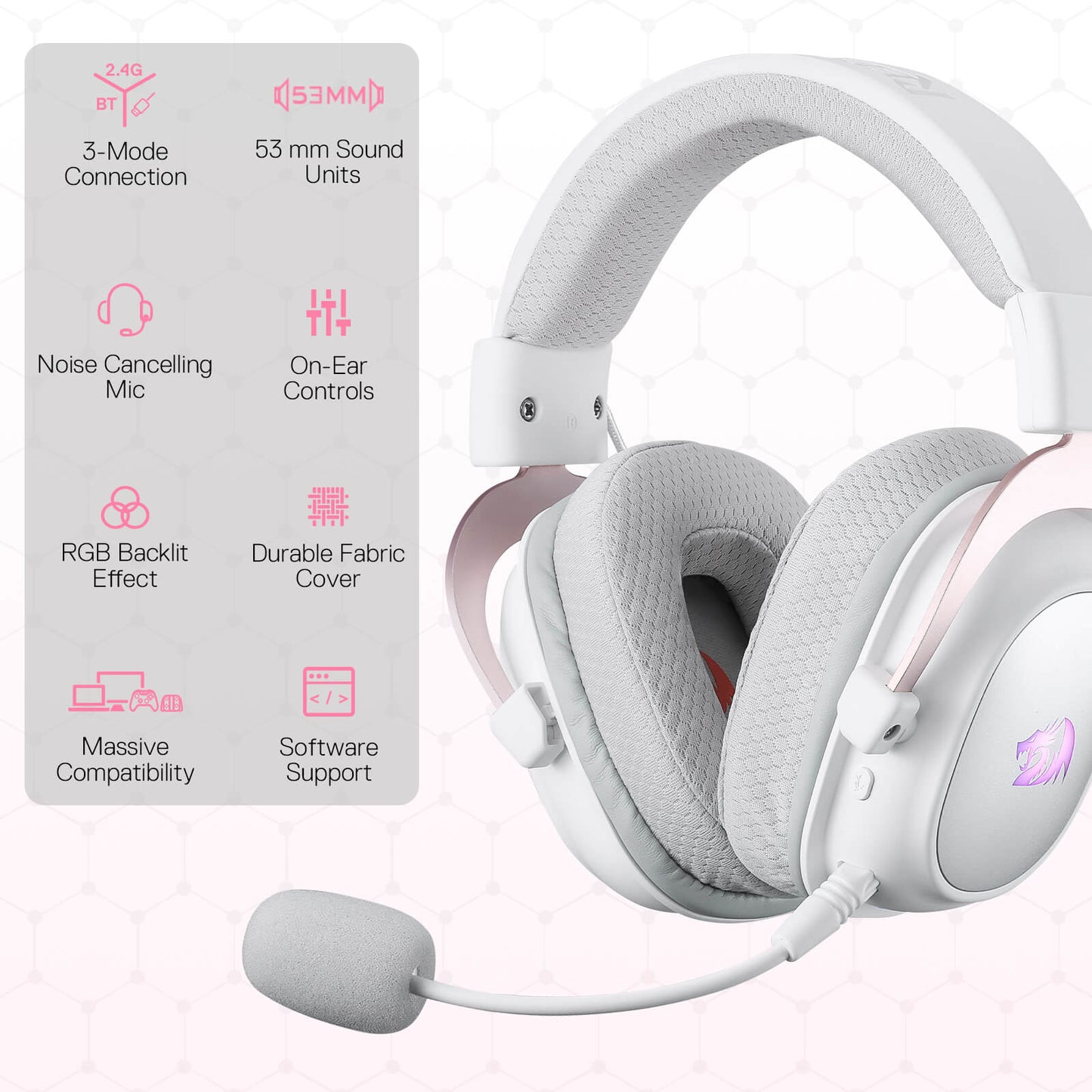 Redragon EU H510 PRO White 3-Mode RGB Gaming Headset - 7.1 Surround Sound - 53MM Audio Drivers in Memory Foam Ear Pads w/Durable Fabric Cover- Multi Platforms Headphone - USB Powered for PC/PS4/NS