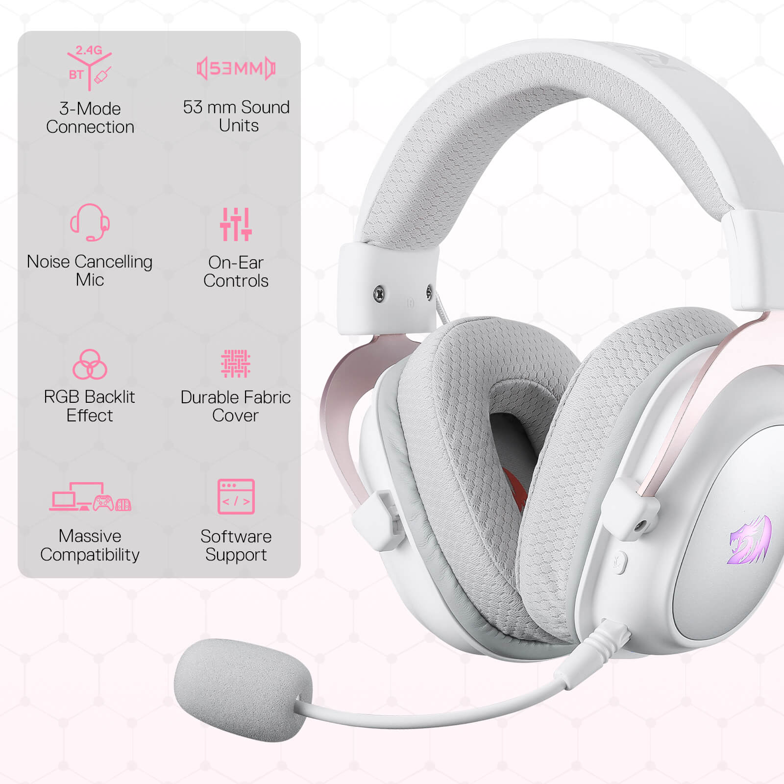 Redragon EU H510 PRO White 3-Mode RGB Gaming Headset - 7.1 Surround Sound - 53MM Audio Drivers in Memory Foam Ear Pads w/Durable Fabric Cover- Multi Platforms Headphone - USB Powered for PC/PS4/NS