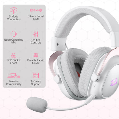 Redragon EU H510 PRO White 3-Mode RGB Gaming Headset - 7.1 Surround Sound - 53MM Audio Drivers in Memory Foam Ear Pads w/Durable Fabric Cover- Multi Platforms Headphone - USB Powered for PC/PS4/NS