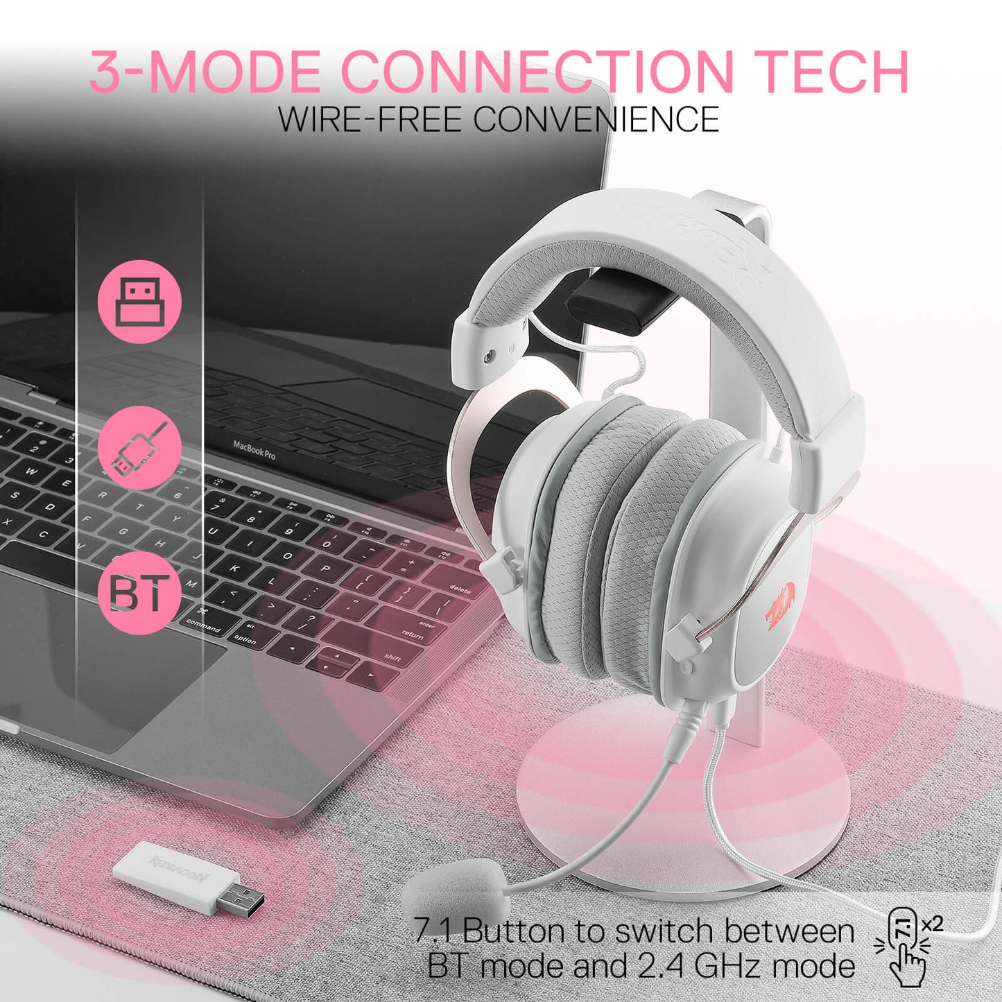 Redragon EU H510 PRO White 3-Mode RGB Gaming Headset - 7.1 Surround Sound - 53MM Audio Drivers in Memory Foam Ear Pads w/Durable Fabric Cover- Multi Platforms Headphone - USB Powered for PC/PS4/NS