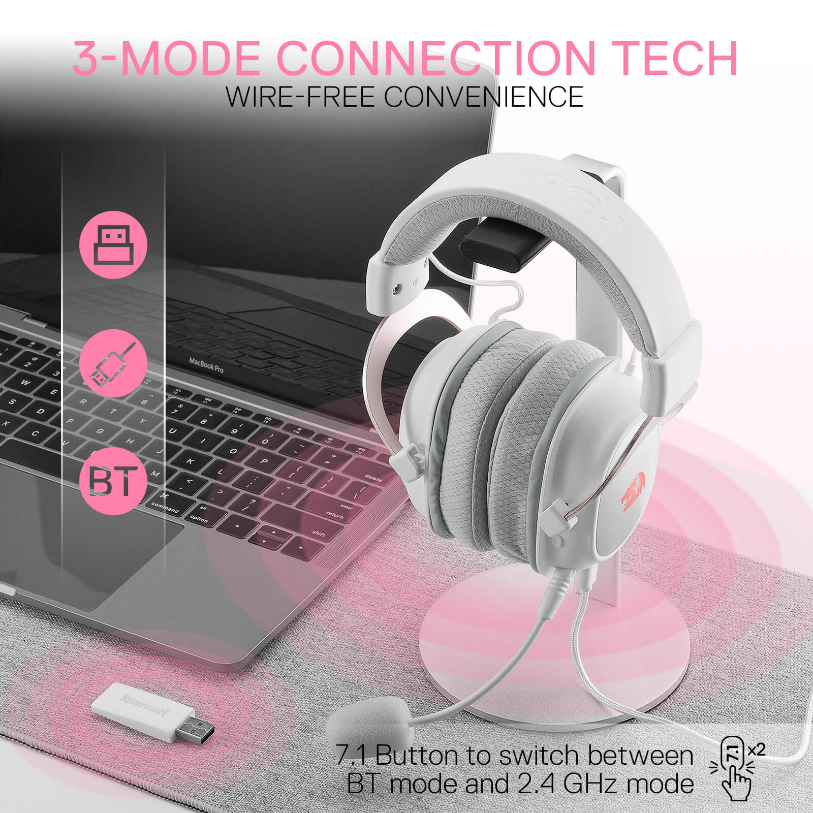 Redragon EU H510 PRO White 3-Mode RGB Gaming Headset - 7.1 Surround Sound - 53MM Audio Drivers in Memory Foam Ear Pads w/Durable Fabric Cover- Multi Platforms Headphone - USB Powered for PC/PS4/NS