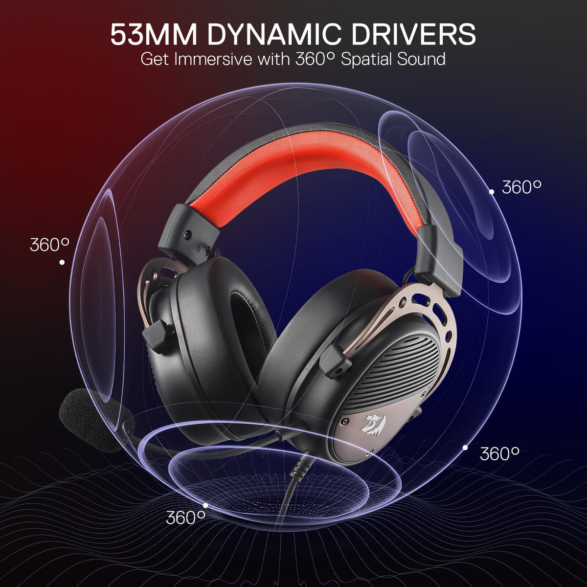 Redragon EU H730 USB Wired Gaming Headset - 53mm Drivers, 360° Spatial Sound, Detachable Noise-Canceling Microphone, Magnetic Replaceable Ear Cushions, Over-Ear Headphones Works for PC/PS4/PS5, Black