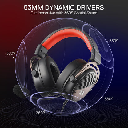 Redragon EU H730 USB Wired Gaming Headset - 53mm Drivers, 360° Spatial Sound, Detachable Noise-Canceling Microphone, Magnetic Replaceable Ear Cushions, Over-Ear Headphones Works for PC/PS4/PS5, Black