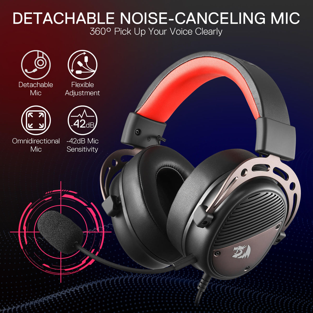 Redragon EU H730 USB Wired Gaming Headset - 53mm Drivers, 360° Spatial Sound, Detachable Noise-Canceling Microphone, Magnetic Replaceable Ear Cushions, Over-Ear Headphones Works for PC/PS4/PS5, Black
