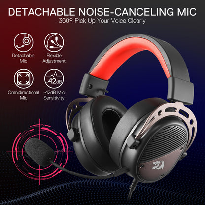 Redragon EU H730 USB Wired Gaming Headset - 53mm Drivers, 360° Spatial Sound, Detachable Noise-Canceling Microphone, Magnetic Replaceable Ear Cushions, Over-Ear Headphones Works for PC/PS4/PS5, Black