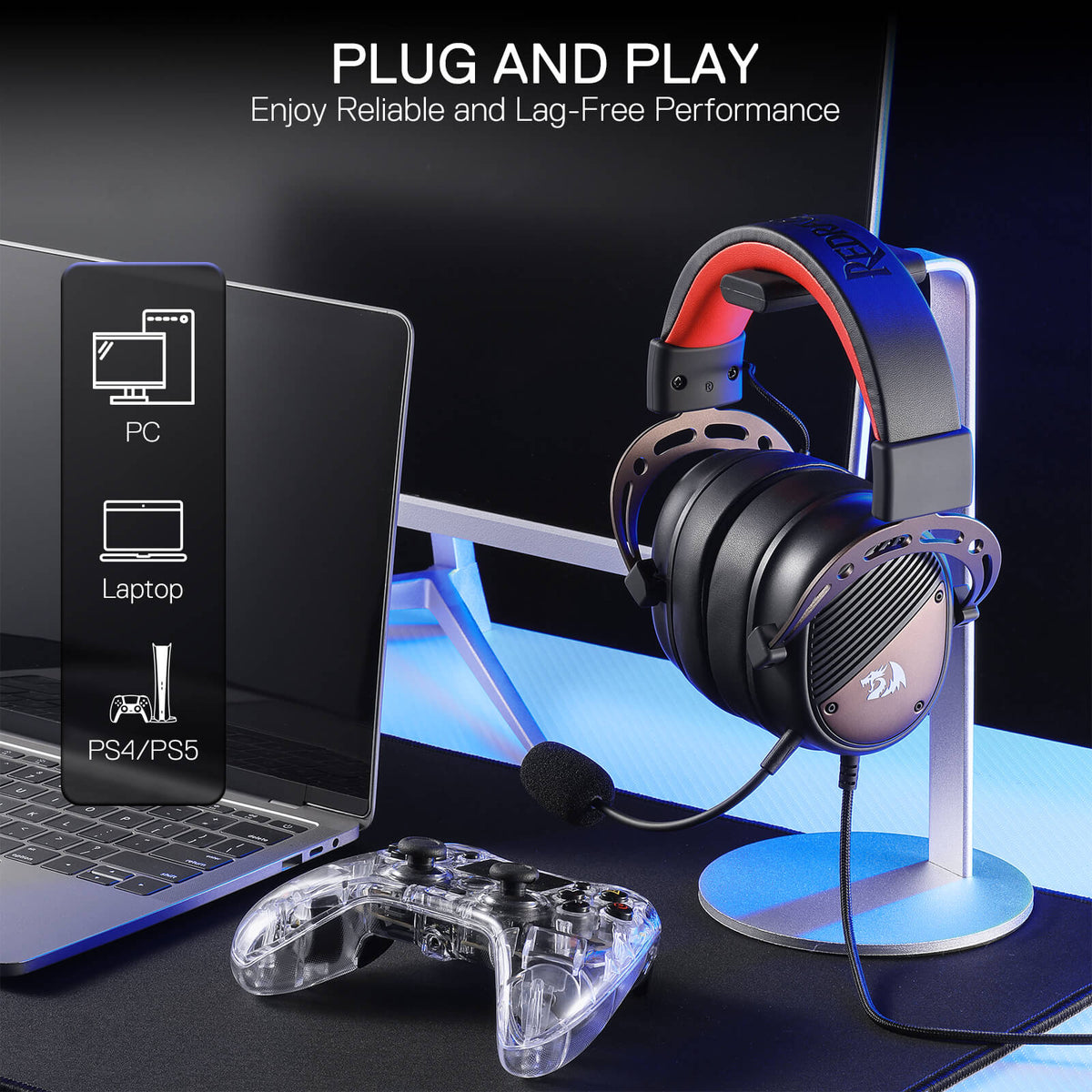 Redragon EU H730 USB Wired Gaming Headset - 53mm Drivers, 360° Spatial Sound, Detachable Noise-Canceling Microphone, Magnetic Replaceable Ear Cushions, Over-Ear Headphones Works for PC/PS4/PS5, Black