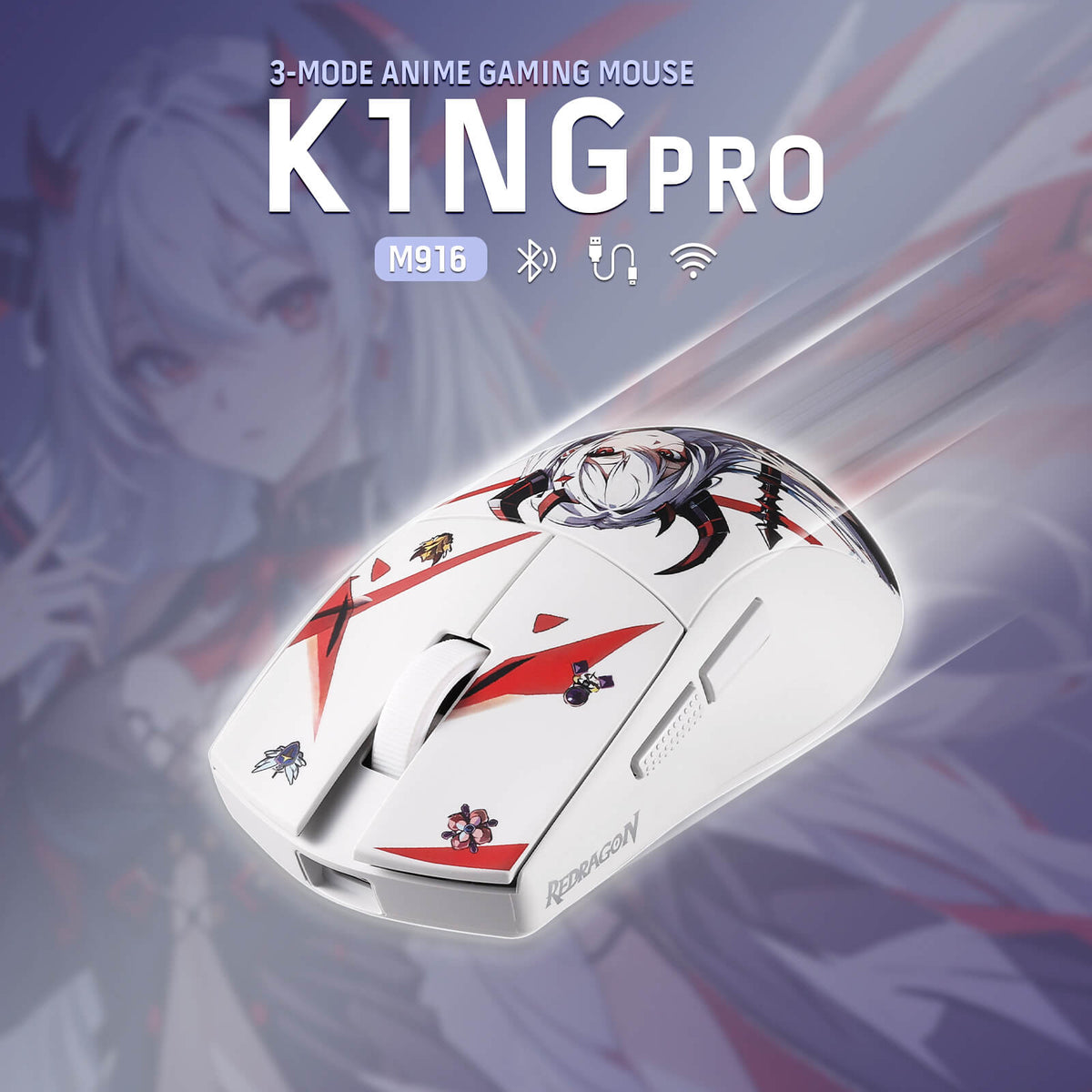 Anime-Themed Redragon EU M916 K1NG Pro Wireless Gaming Mouse - Featuring a lightweight 42g design with detailed anime character artwork, perfect for anime fans and gamers.
