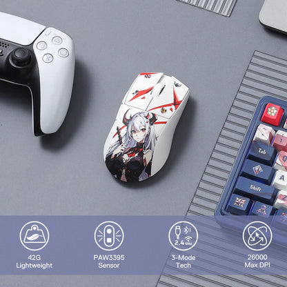 Redragon EU, Anime-themed lightweight wireless gaming mouse with a PAW3395 sensor, featuring a custom character design, 3-mode connectivity including 2.4 GHz, and a maximum DPI of 26,000. Shown next to a PlayStation controller and a custom mechanical keyboard with decorative keycaps