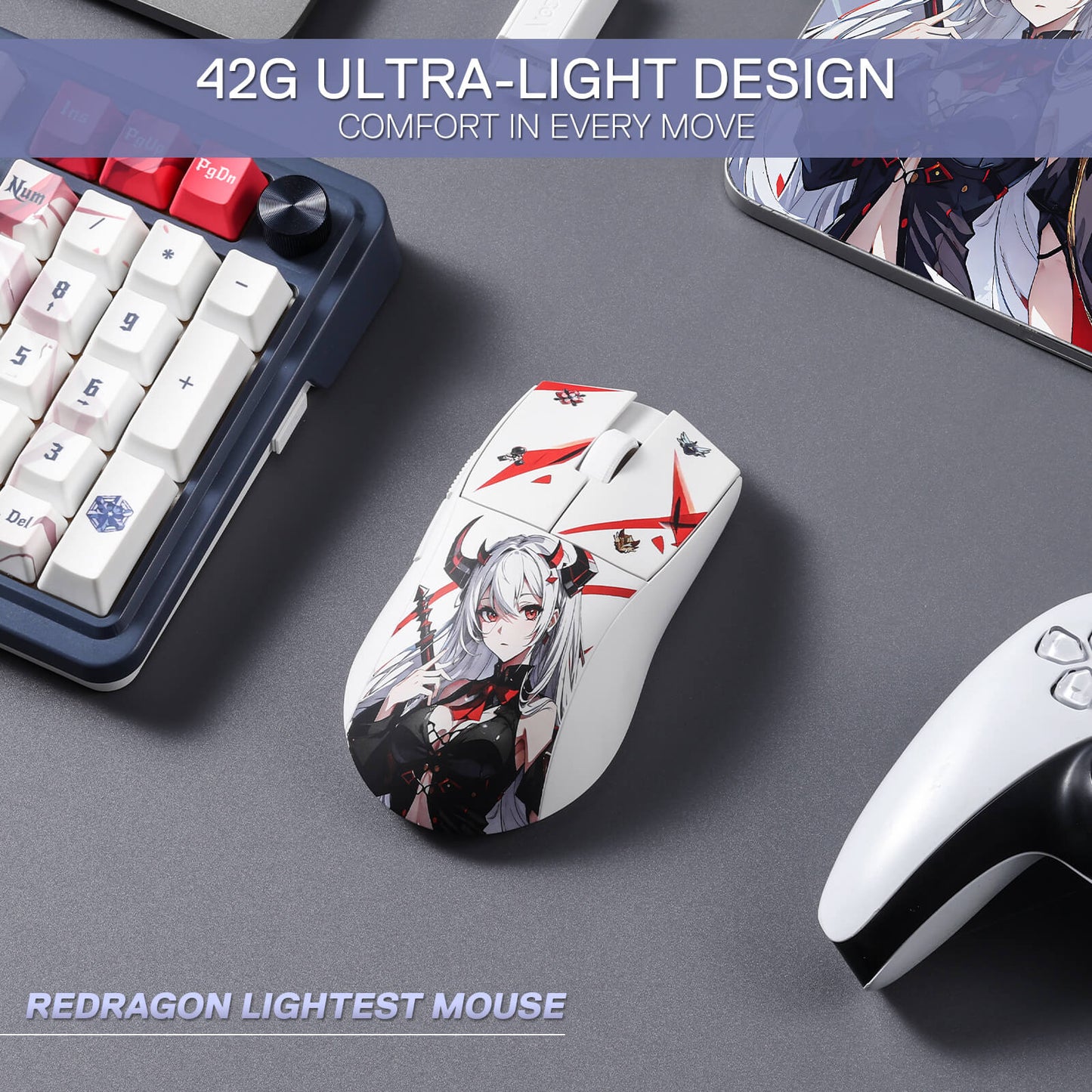 Redragon EU, The 42g ultra-light M916 mouse  rests on the desk, perfectly complementing the K686 Pro SE.