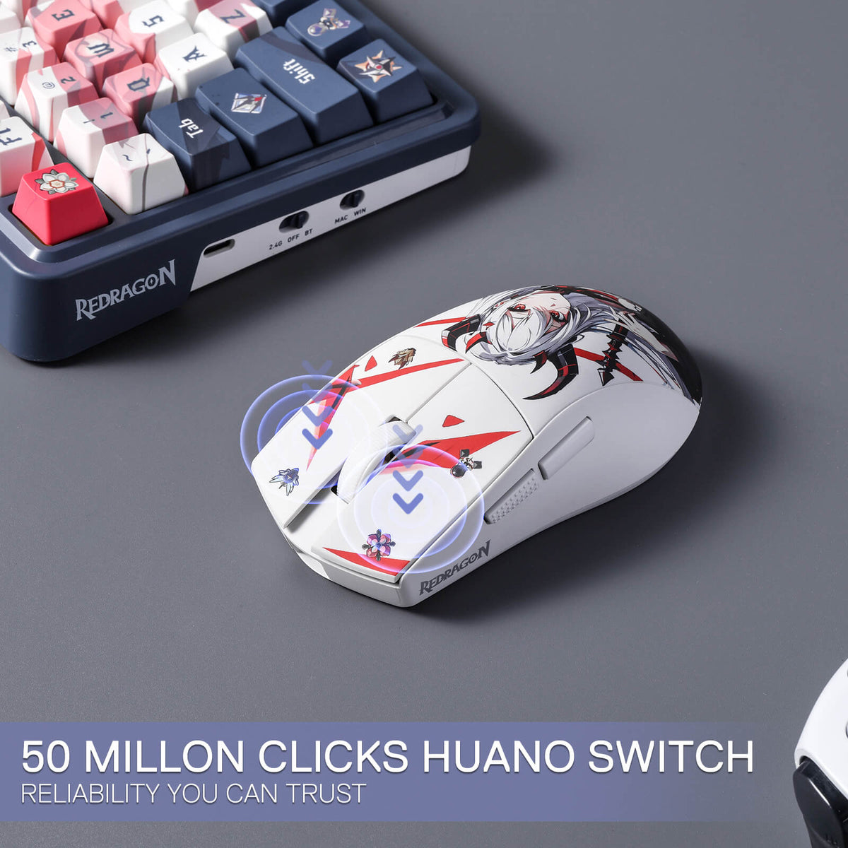 Redragon EU M916 gaming mouse featuring a unique ANIME design with character graphics EISA, alongside a K686 PRO SE mechanical keyboard. The mouse highlights the Huano switch with a durability of 50 million clicks, emphasizing reliability for gamers.