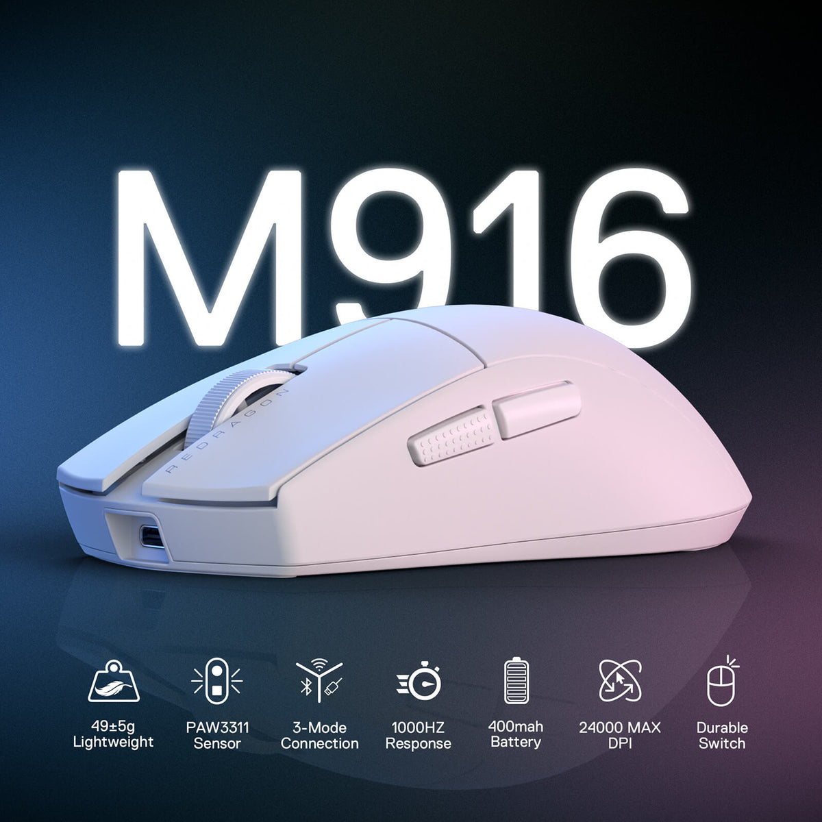 Redragon EU M916 STD 3-Mode Wireless Gaming Mouse, 49G Ultra-Light 24K DPI Mice w/Ergonomic Natural Grip Build, Full Programmable Buttons, Software Supports DIY Keybinds & DPI