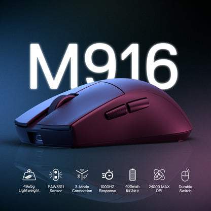 Redragon EU M916 STD 3-Mode Wireless Gaming Mouse, 49G Ultra-Light 24K DPI Mice w/Ergonomic Natural Grip Build, Full Programmable Buttons, Software Supports DIY Keybinds & DPI