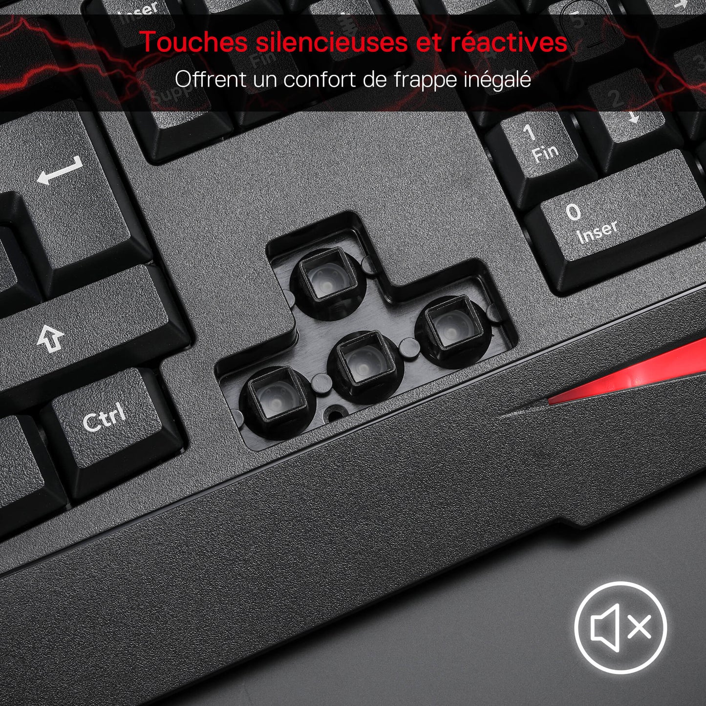 Redragon EU, Close-up of a mechanical keyboard with red accents and text in French about silent and reactive keys.