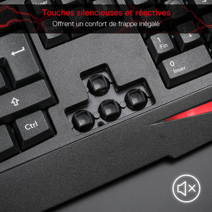 Redragon EU, Close-up of a mechanical keyboard with red accents and text in French about silent and reactive keys.