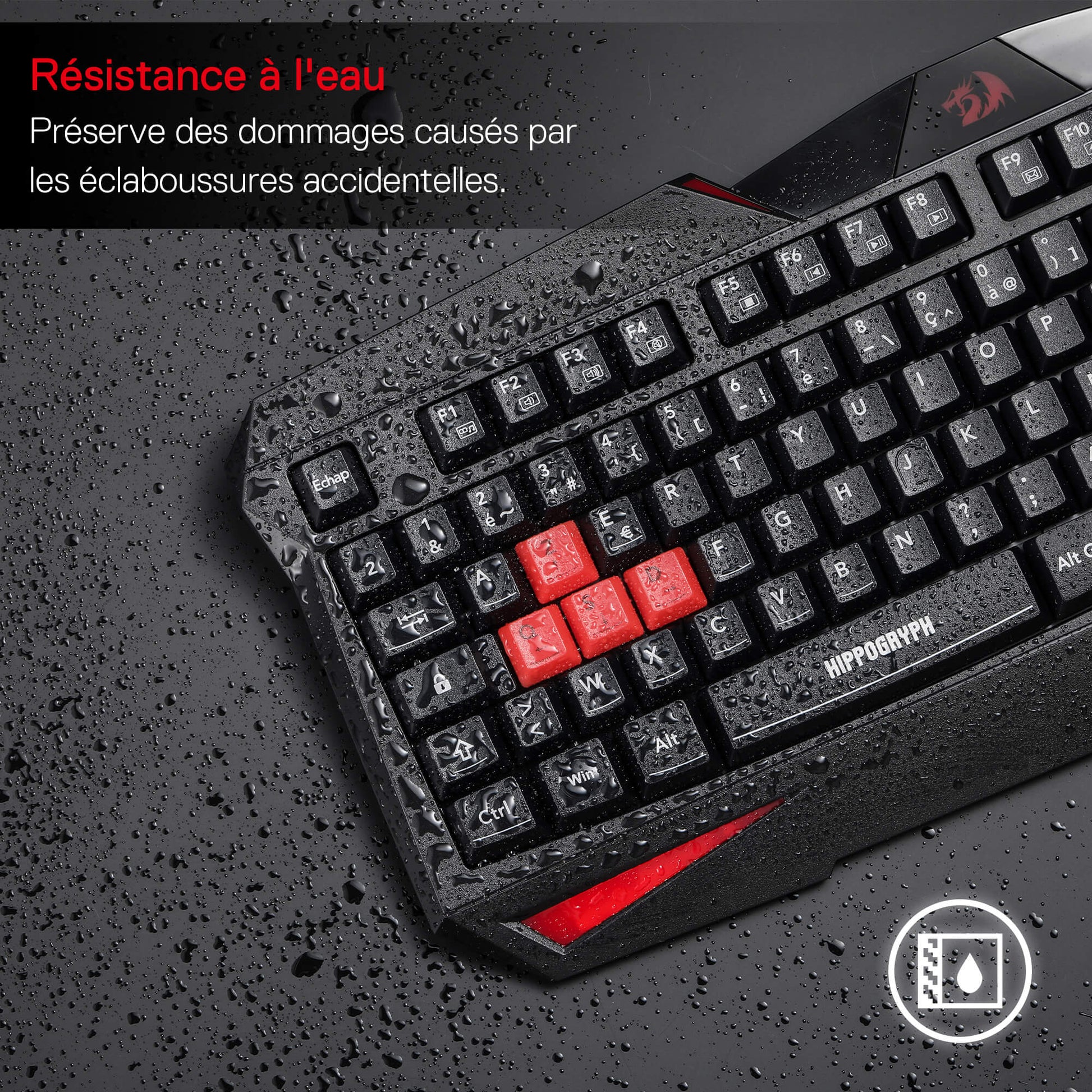 Redragon EU Gaming keyboard with water resistance feature on a wet surface