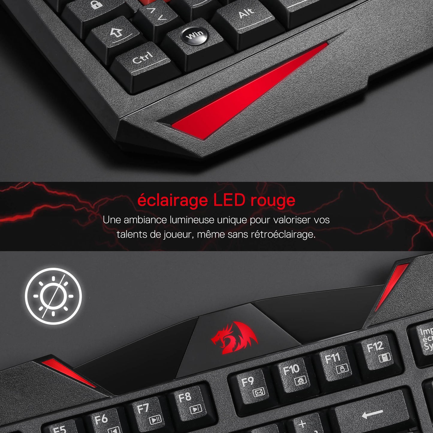 Redragon EU Close-up of a gaming keyboard with red accents and text about LED lighting.