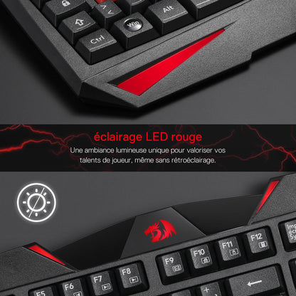 Redragon EU Close-up of a gaming keyboard with red accents and text about LED lighting.
