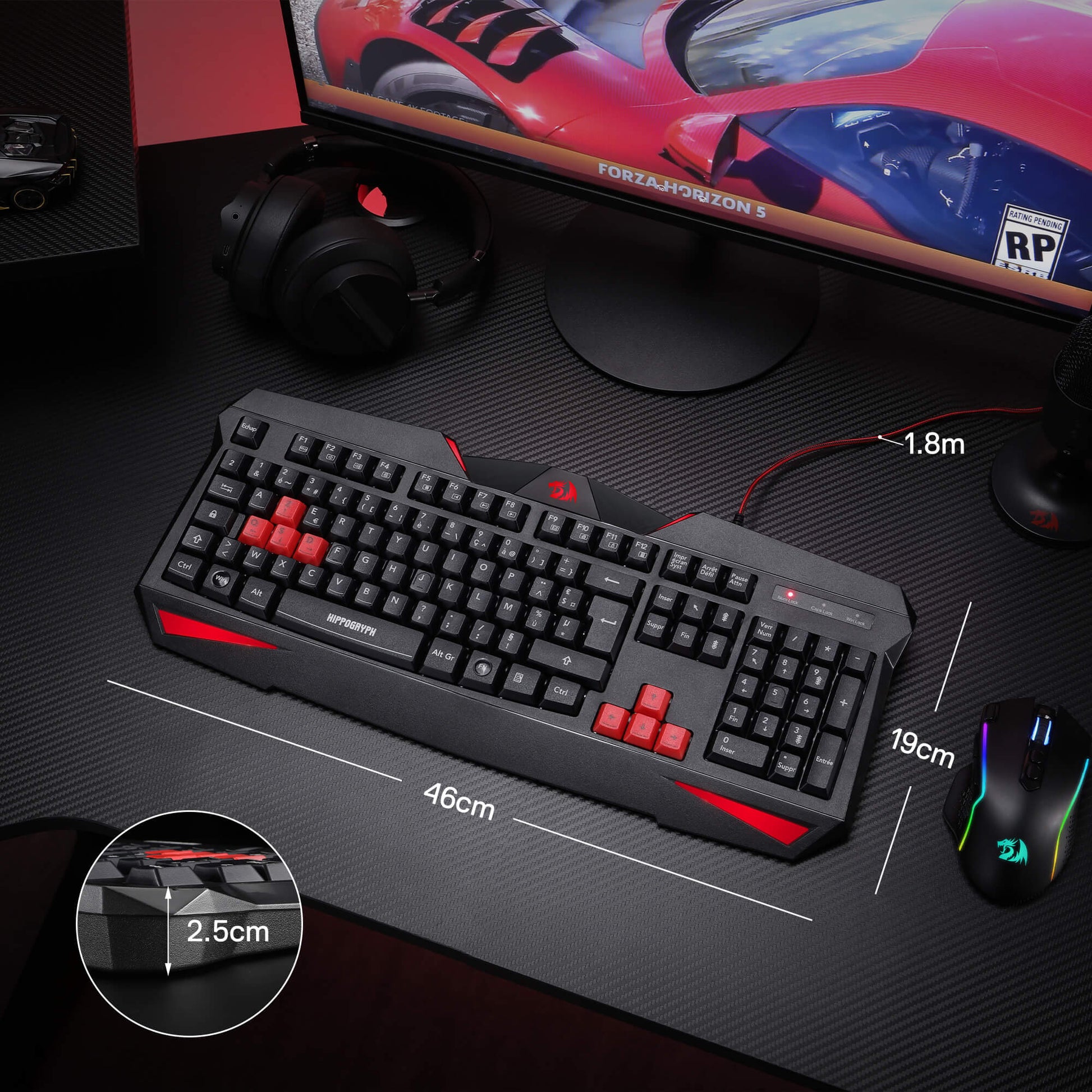 Redragon EU, Gaming keyboard with red accents on a desk setup with a monitor, mouse, and headset.