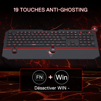 Redragon EU K502 Clavier De Jeu À Membrane Filiaire、avec Repose-Poignet、Touches Multimédia、Mince、Durable、Silencieux、Ergonomique、AZERTY FR、Parfait pour Ordinateur、Idéal pour Les Players、Noir
