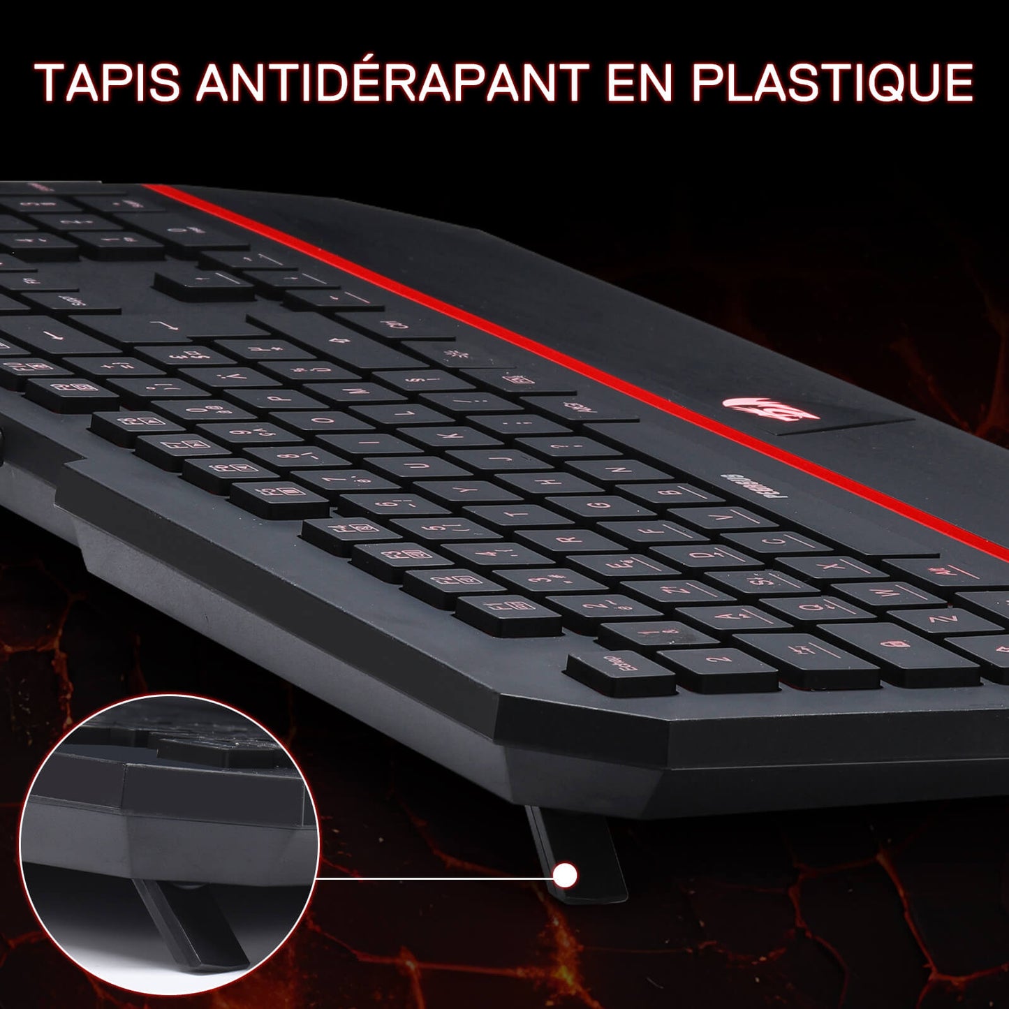 Redragon EU Gaming keyboard with a close-up of the anti-slip mat on a dark background