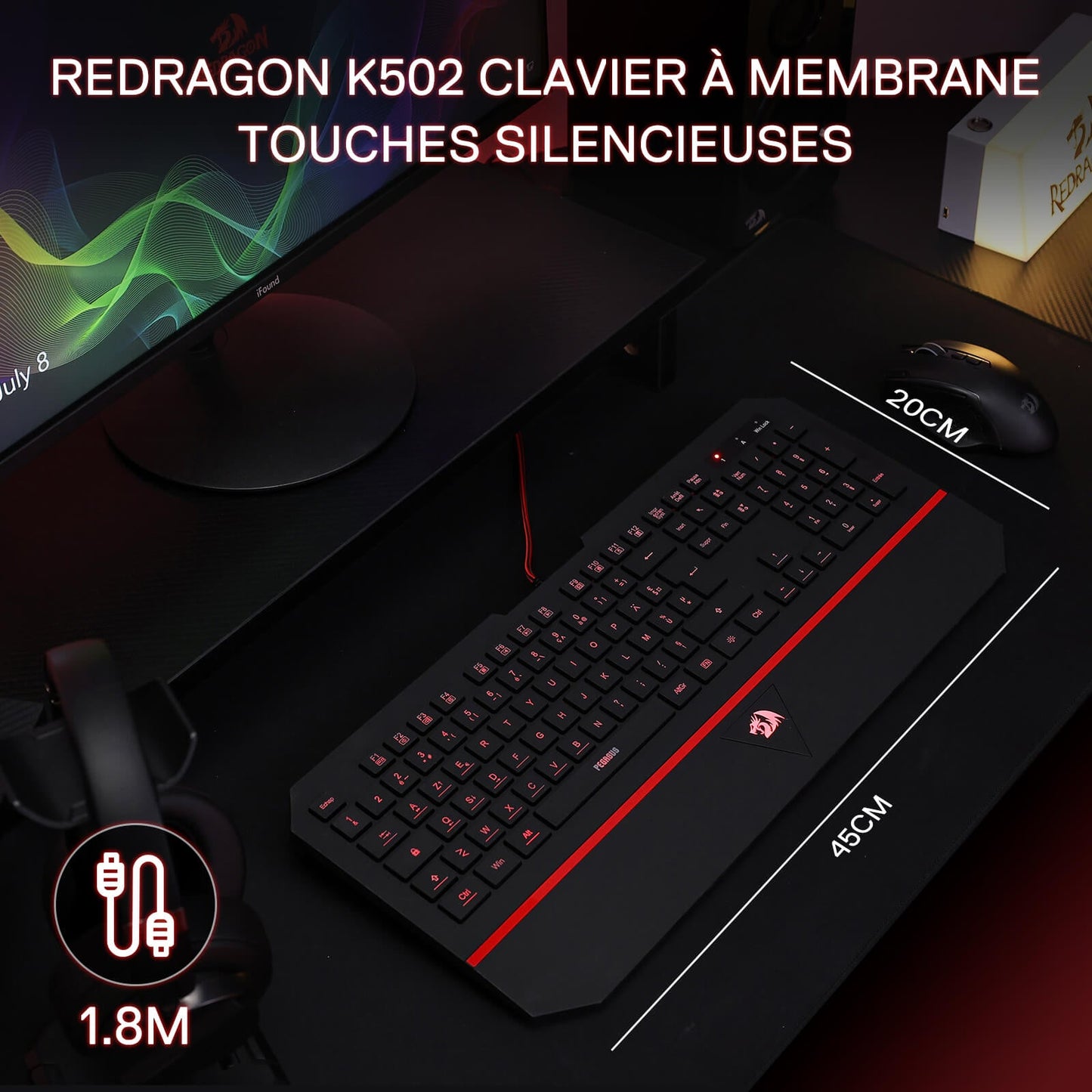 Redragon EU K502 keyboard on a desk with monitor and mouse, featuring product details.