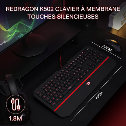 Redragon EU K502 keyboard on a desk with monitor and mouse, featuring product details.