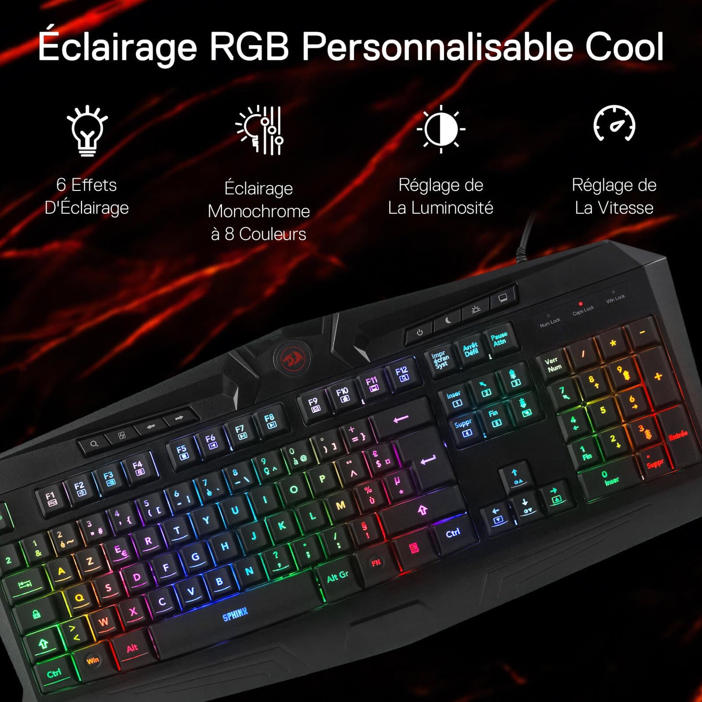 Redragon EU K503 AZERTY Wired Gaming Keyboard, RGB LED Backlight, Multimedia Keys, Silent Membrane Keyboard with Wrist Rest for Windows PC (Black)
