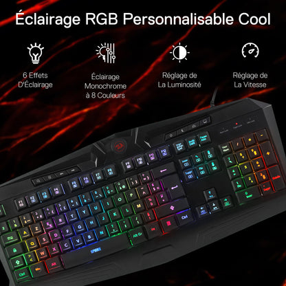 Redragon EU K503 AZERTY Wired Gaming Keyboard, RGB LED Backlight, Multimedia Keys, Silent Membrane Keyboard with Wrist Rest for Windows PC (Black)