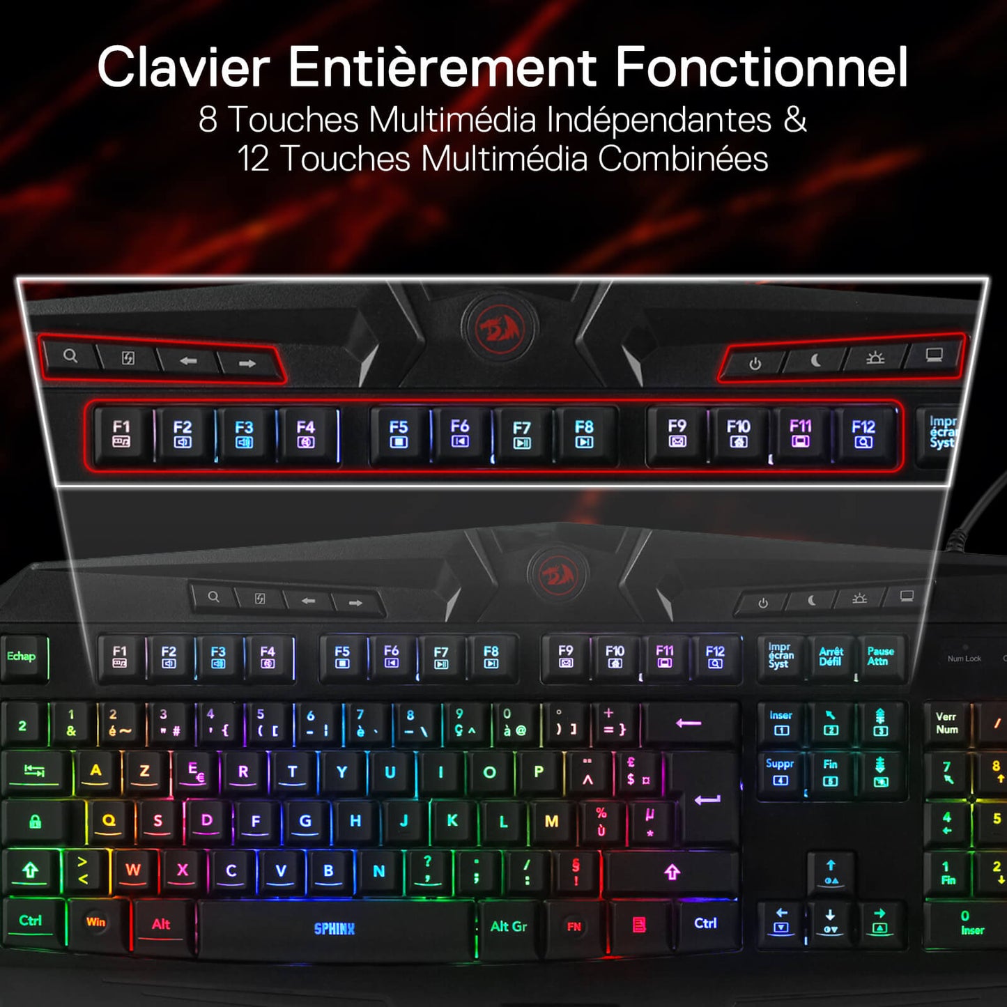 Redragon EU K503 AZERTY Wired Gaming Keyboard, RGB LED Backlight, Multimedia Keys, Silent Membrane Keyboard with Wrist Rest for Windows PC (Black)