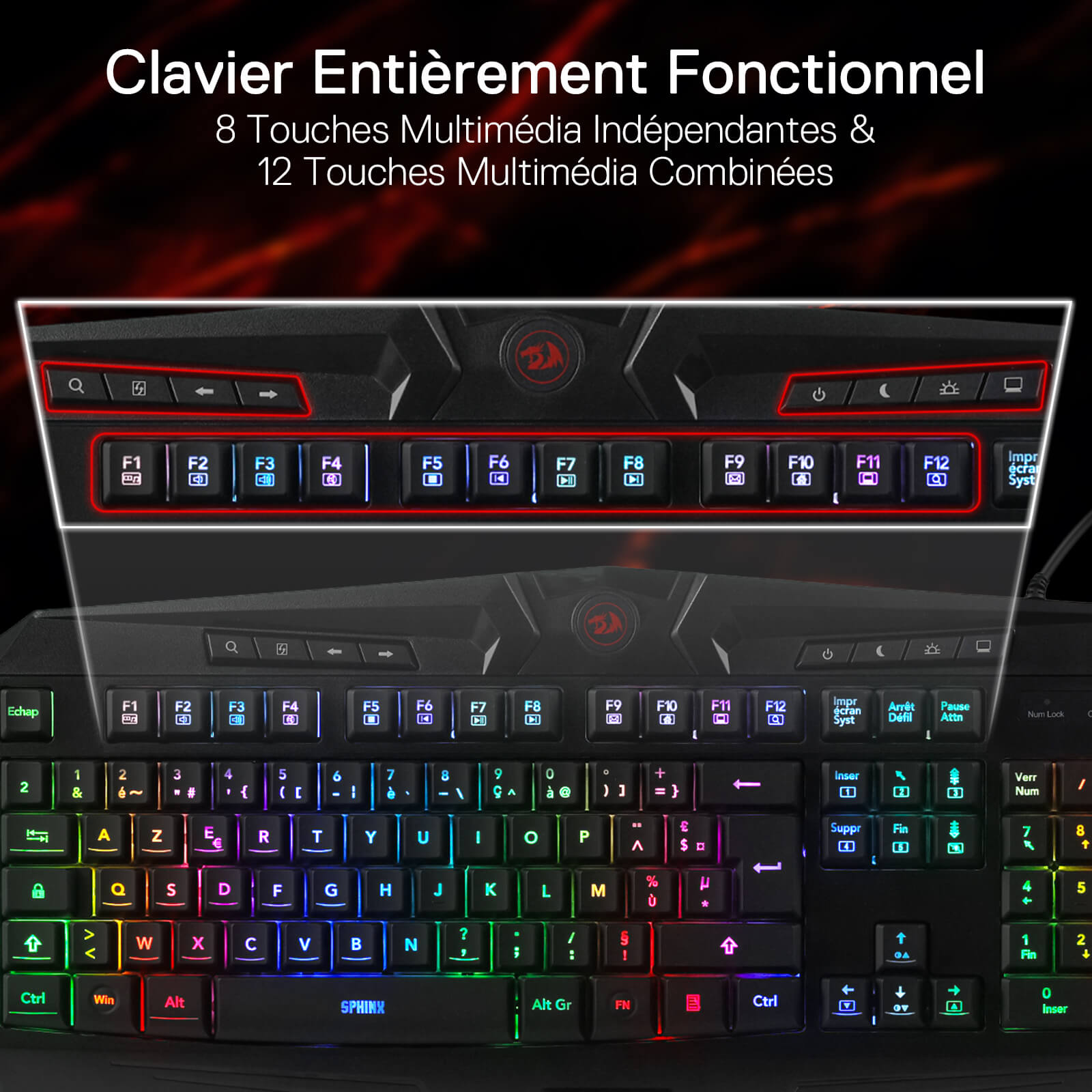 Redragon EU K503 AZERTY Wired Gaming Keyboard, RGB LED Backlight, Multimedia Keys, Silent Membrane Keyboard with Wrist Rest for Windows PC (Black)