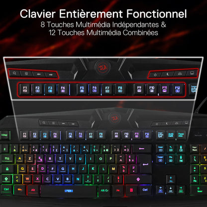 Redragon EU K503 AZERTY Wired Gaming Keyboard, RGB LED Backlight, Multimedia Keys, Silent Membrane Keyboard with Wrist Rest for Windows PC (Black)