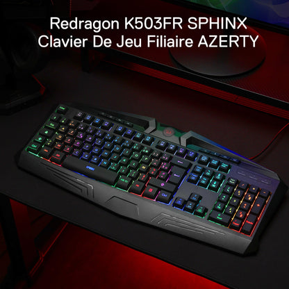 Redragon EU K503FR SPHINX gaming keyboard with RGB lighting on a dark surface.