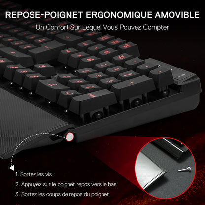 Redragon EU Black ergonomic keyboard with detachable wrist rest on a dark background