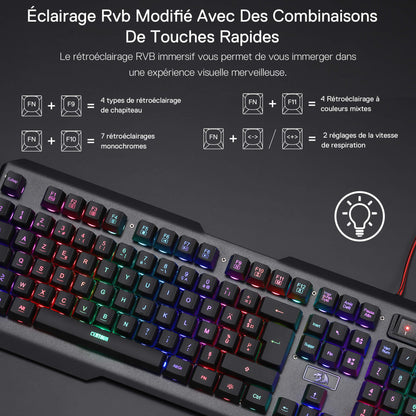 Redragon EU Keyboard with RGB lighting and quick key combinations on a dark background