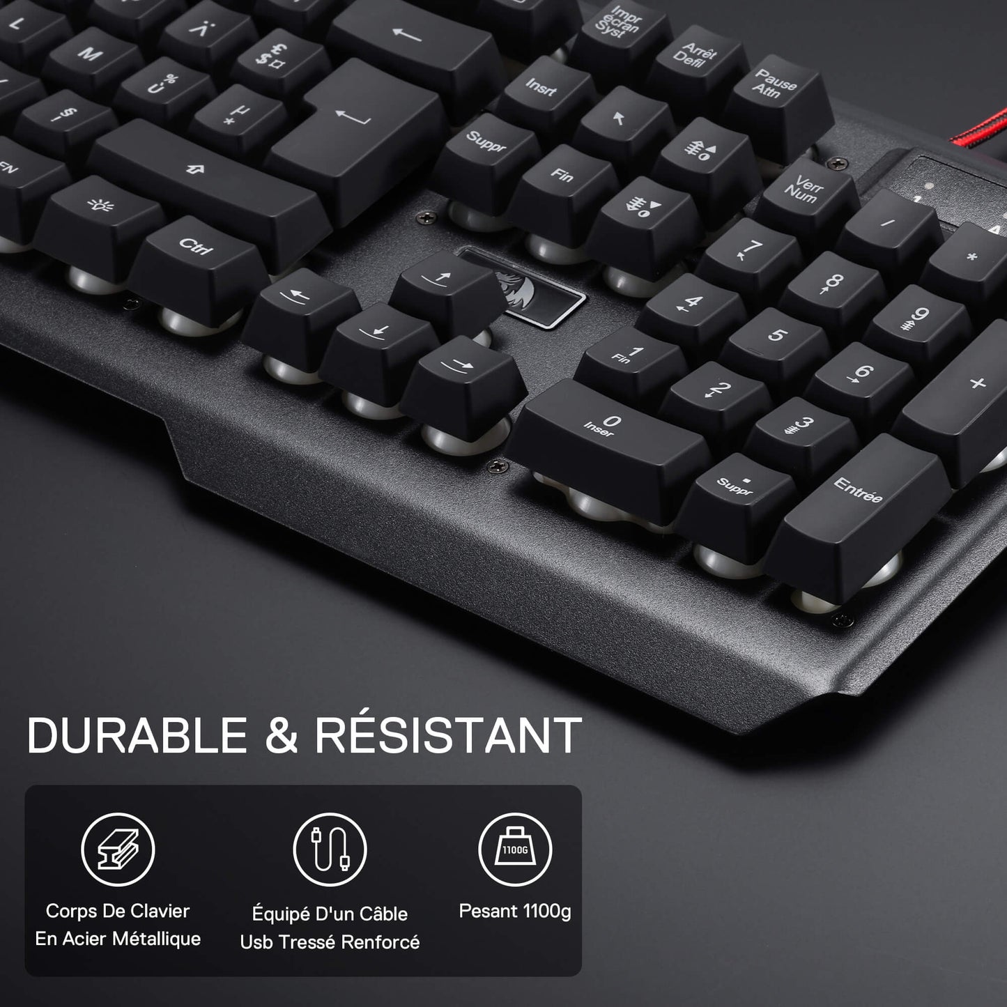 Redragon EU Mechanical keyboard with durable and resistant features highlighted on a dark background
