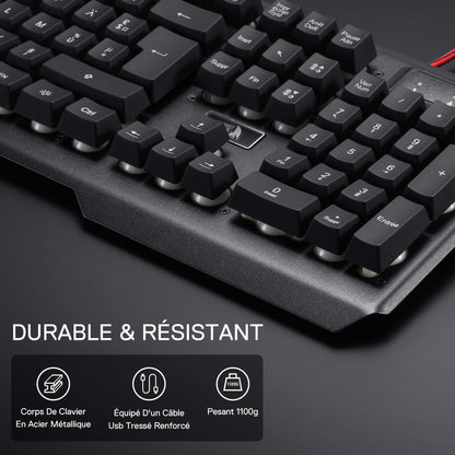 Redragon EU Mechanical keyboard with durable and resistant features highlighted on a dark background