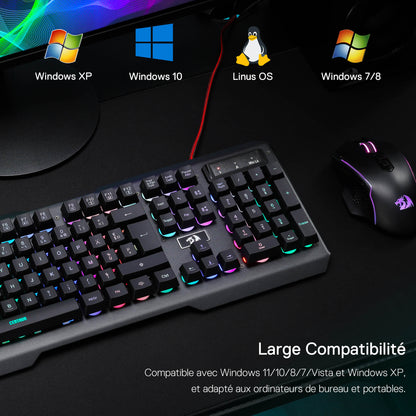 Redragon EU Keyboard and mouse setup with operating system icons on a dark surface